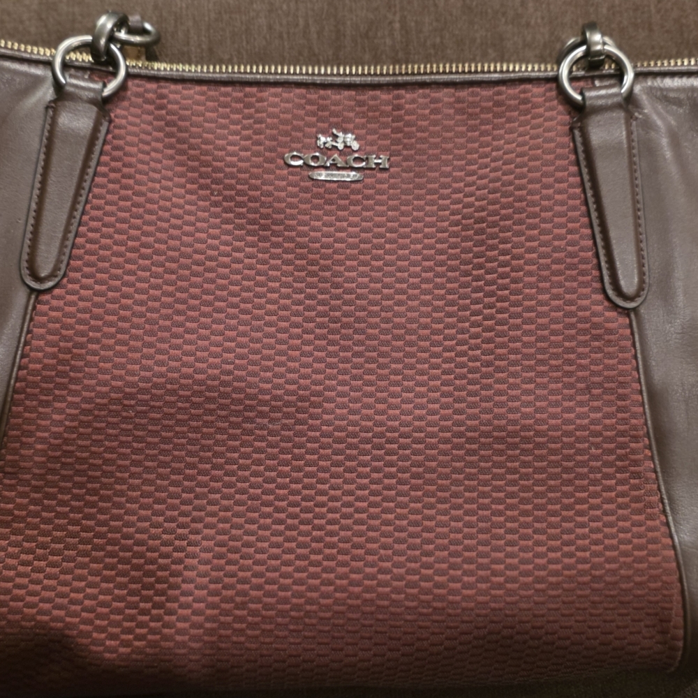 Coach Burgundy Tote Bag with Brown Leather Trim